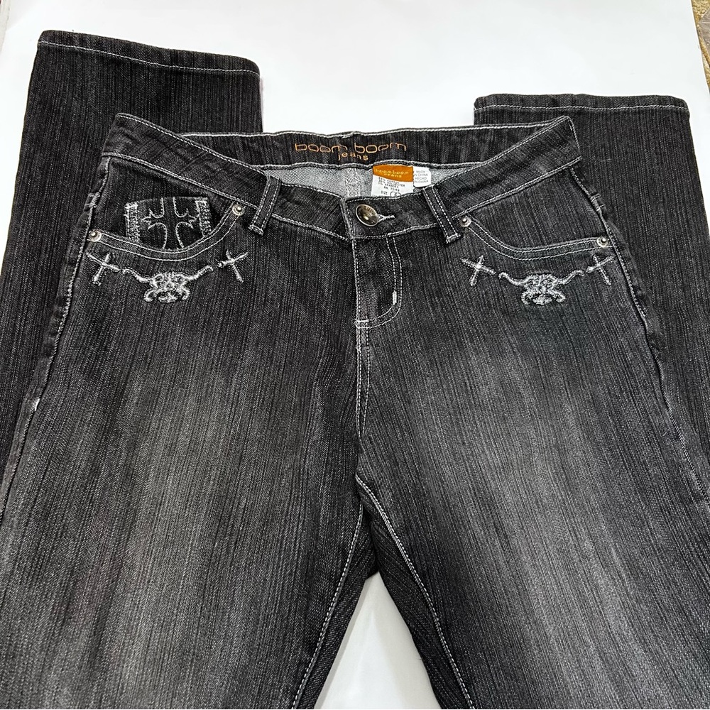 Boom Boom Black Gray Wash Metallic Silver Goth Cross Embroidered Jeans